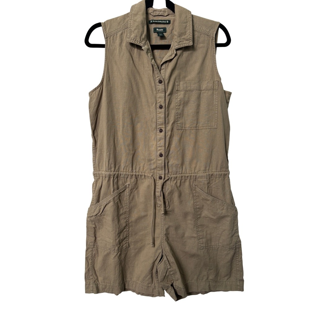 Roots Canada Hemp Collection Utility Romper Khaki Tan Sleeveless Button Front M